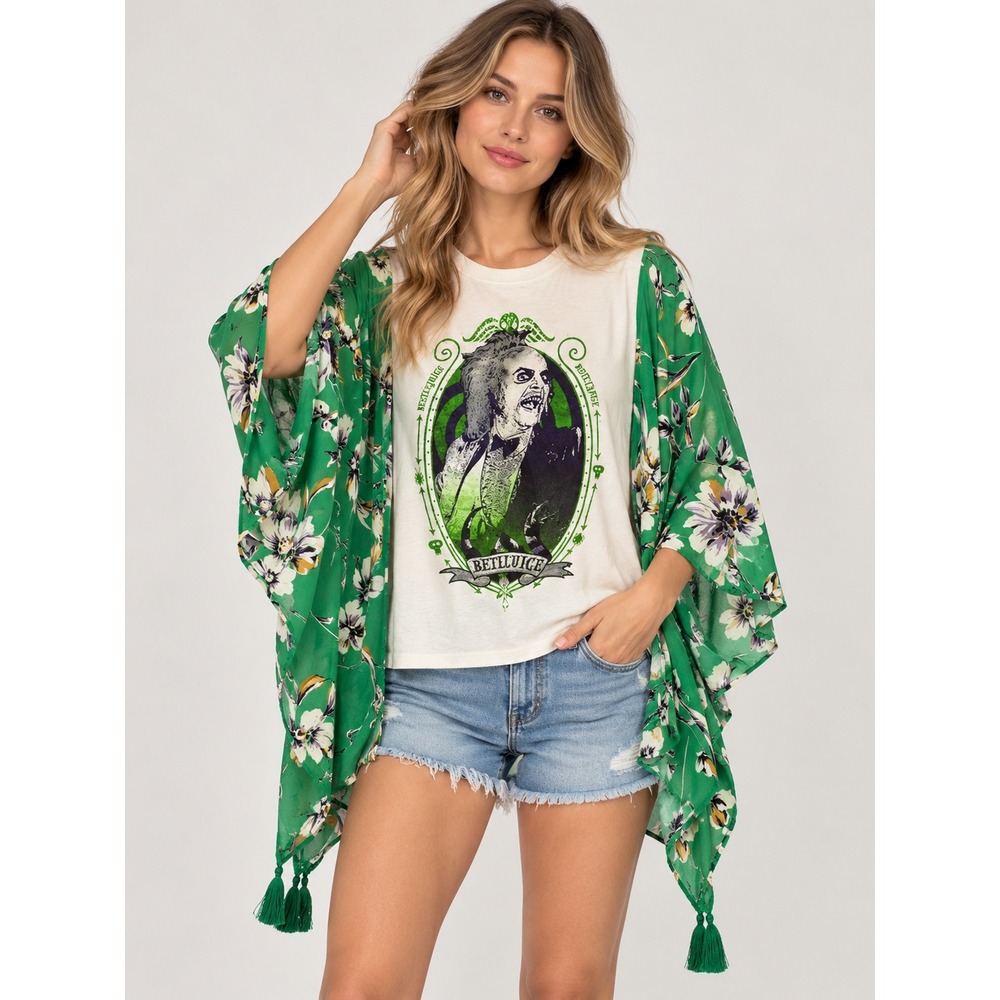 Beetlejuice Upcycled Graphic Tee Floral Kimono Sleeves Tassels Green White O/S